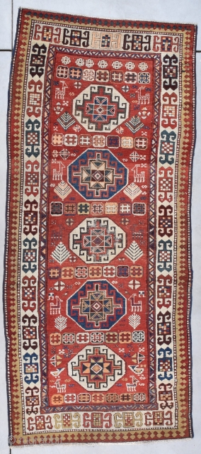 Antique Akstava Caucasian Rug Runner 3’6” X 8’4” #7955
This circa 1890 Akstava measures 3’6” X 8’4” (109 x 256 cm). It has five Memling guls in ivory and blue on a red  ...