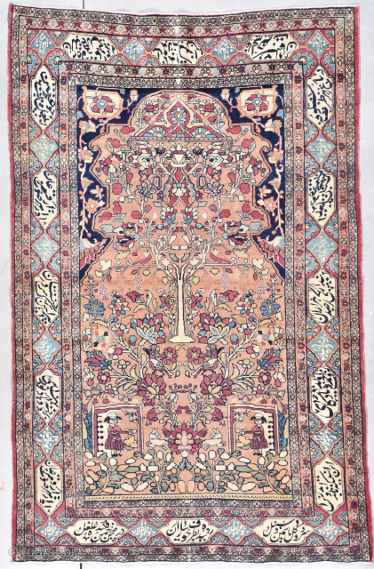 This last quarter 19th century Laver Kerman #7947 measures 4’3” X 6’7”. It has a prayer motif on a café au lait ground containing a tree of life with birds sitting in  ...