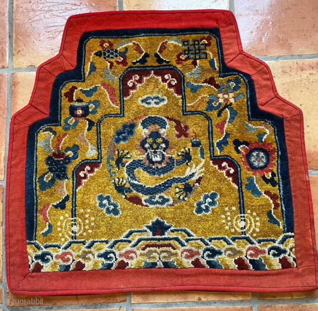 This last quarter 19th century Peking Chinese Chair Back Oriental Rug #8218measures 2‘4“ by 2‘4“ . It has a gold field with a full frontal dragon in blue, ivory and red with  ...