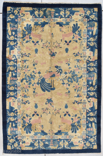 This circa 1900 Peking Chinese Rug #7970 measures 4’3” X 7’11”. There is a pair of pink birds with large blue tails and tongues. Another large bird serves as a center medallion  ...