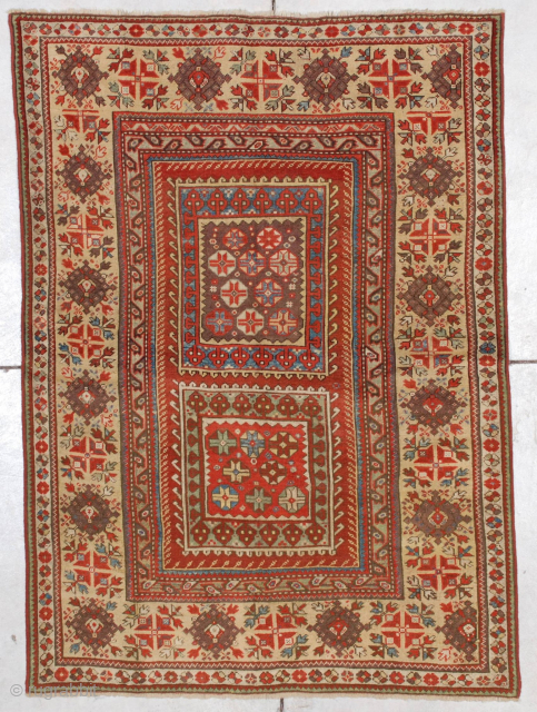 #7178 Melas Antique Turkish Rug This mid-19th century Melas or Melez antique Oriental carpet measures 3’10” x 5’4” (121 x 164 cm). This motif is known as the box design for obvious  ...