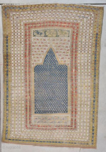 This circa 1800-1825 Kula antique Turkish Oriental carpet #7738 measures 4’3” X 6’2” (131 x 189 cm). It is a very beautiful Kula prayer rug with a light blue prayer niche completely  ...