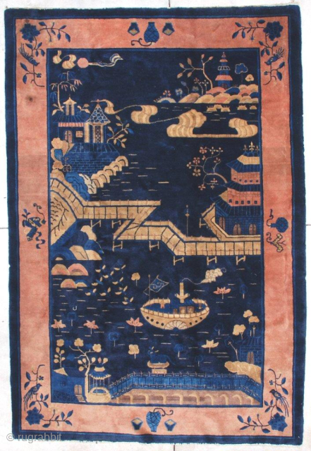 This circa 1900 Peking Chinese Oriental rug measures 6’0’ x 9’0”. It is a lovely depiction of a water feature.  From the bottom up, there is a rockery upon which sits  ...