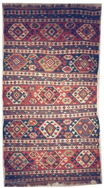 This circa 1870 Shirvan kilim measures 4’10” x 9’0””. The blacks are oxidized causing some small holes. There is a small nick at one end. The sides are complete.
https://antiqueorientalrugs.com/product/5739-antique-caucasian-kilim/    