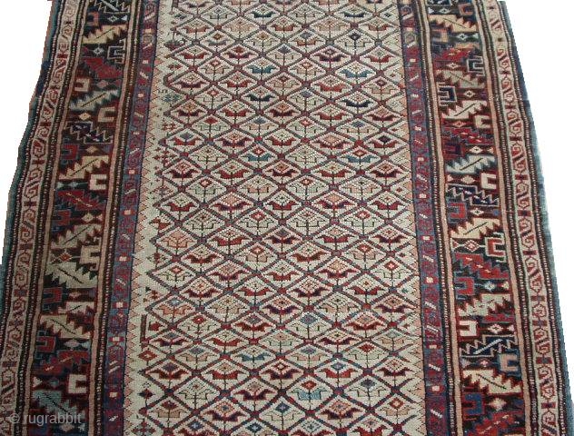 This circa 1880 Kuba #6160
This antique Oriental Rug measures 3’5” X 5’4”. It has a lattice design containing different colored flowers on an ivory field. The border is a very crowded (which  ...