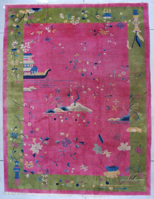 This circa 1925 Art Deco Chinese Rug #7530 measures 9 ft 1in X 11ft 11in (277 x 338 cm). It has a pale raspberry field completely covered in water motif. The bottom  ...