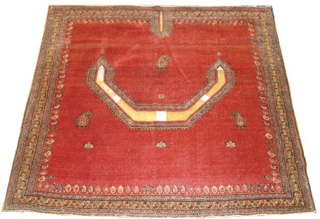 This mid 19th century Senna Saddle Persian Oriental Rug #6578 measures 3’6” X 3’6”. It is the only red Senna Saddle I have ever seen. It is full pile and is essentially  ...