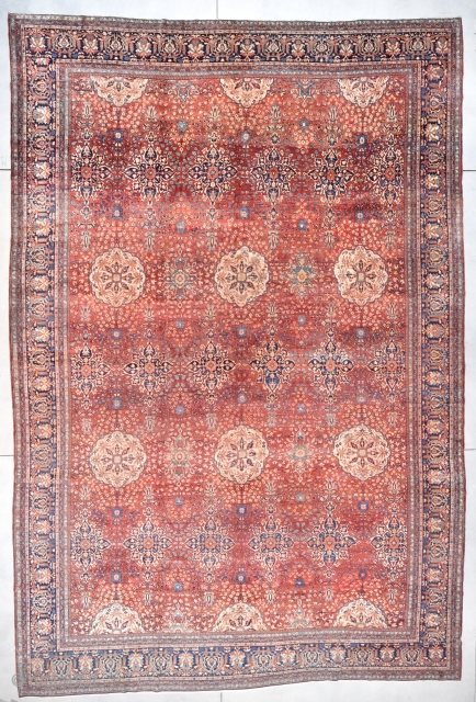 #7713 Antique Sarouk

This last ¼ 19th century antique Sarouk Persian Oriental Rug measures 13’6” X 19’3” (411 x 587 cm). This palace sized beauty absolutely has it all! The field is light  ...