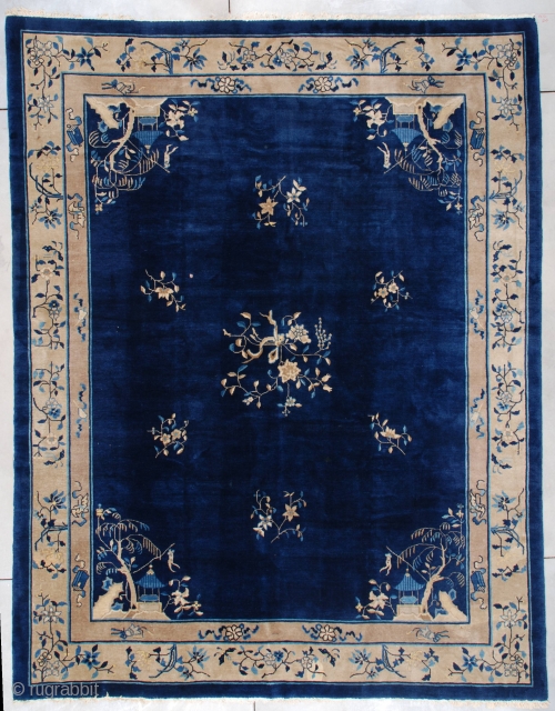 #7467 Peking Chinese Rug

This Peking Chinese Oriental rug measures 9’2” X 11’8”. It has a very dark blue field with corners worked in idyll water scenes of a rockery with a willow  ...