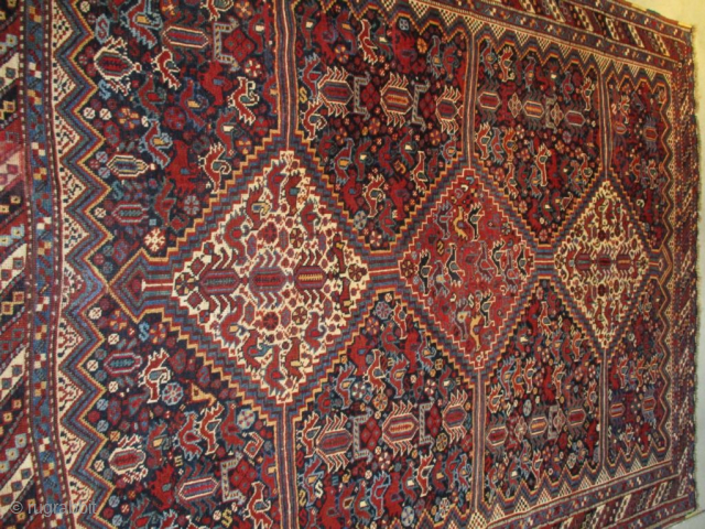 Antique Khamseh Oriental Rug 5’0” X 6’7” #8099
This circa 1900 Khamseh NW Iran Oriental rug aka Chicken rug measures 5’0” X 6’7”. It has three medallions. The center medallion is tomato red  ...