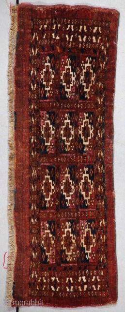 #7356 Antique Yomud Torba Rug 
Size: 2’6″ x 11″
(79 x 33 cm)
Age: 3rd quarter 19th century
https://antiqueorientalrugs.com/product/7356-antique-yomud-torba/                 