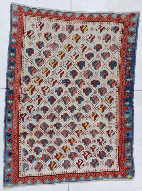 This circa 1850 Kuba #6449
measures 3’8” x 4’9”. It is a fantastic and essentially mint condition Kuba for its age. This beauty has 14 diagonal rows of a very abstract flower motif  ...