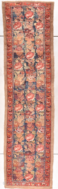 This circa 1880 Camel Hair Hamadan (Serab) Runner #7898 measures 3’5” X 12’10”. This design is the Persian garden design or rose design which is almost always found in Bakhtiari rugs but  ...