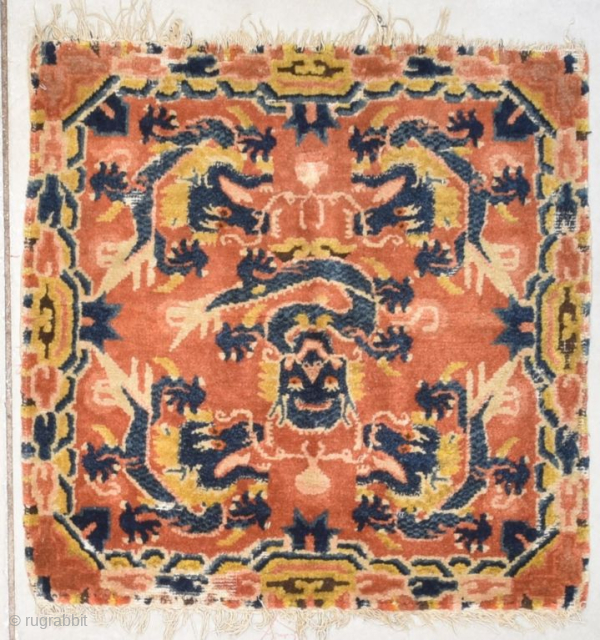 This last quarter 19th century Ningxia Chinese Antique Oriental Rug #8209 measures 2’2″ x 2’4″. It has five dragons in gold and several shades of blue which each have five claws which  ...