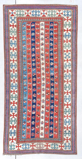 This circa 1870 Kazak Gendgi Oriental Rug #7372 measures 3’6” X 7’3” (109 x 222 cm). This is one of my favorite kinds of Gendji , the ‘cane’ design. It has eight  ...