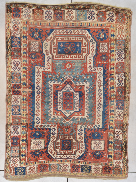 This circa 1860 antique Sewan Kazak Caucasian Oriental rug measures 5’8” X 8’0” (177 x 244 cm). It one or two generations older than the ones normally seen. It has a huge  ...