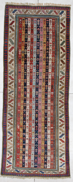 This circa 1850 or older antique Caucasian Shirvan runner #4177 measures 3’7” X 9’4”. It has twelve stripes in eleven different colors. This is the finest woven Shirvan of its type I  ...