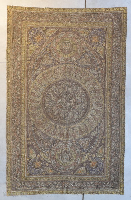 This Ottoman  tapestry bears the Tugra of Mustafa IV and dates from 1807-1808. It measures 4’6” x 7’1”. It has metal embroidery. It has Islamic writing and motifs such as Mosques  ...