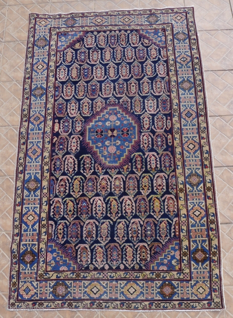 A Chila-Baku rug, Shirvan region, early 20 th. century. 
Size 4.1ftx6.6ft. (125 x 203 cm.)
Typical sky blue stepped medallion, surrounded by multi-coloured "boteh" motif on a dark blue ground. Classic Kufic main  ...