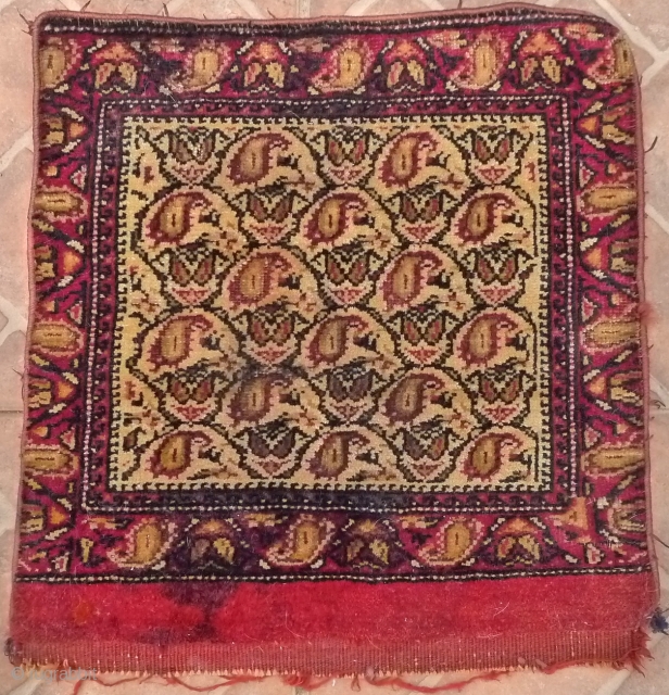 Afshar chanteh bagface, 40 x 36 cm. mid to late 19 th. century, Probably Aqta. Natural colors incl. cochineal red.
Some old repairs and slightly vertically reduced and reselvedged. stained at the lower  ...