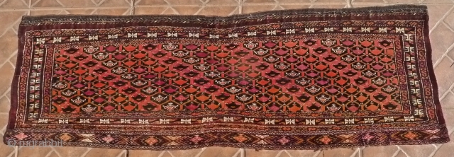  A Saryk Torba, part magenta silk and white cotton, 126 x 41 cm. late 19 th. cent. Typical dark chocolate ground.
 In very good condition. Dyes: natural and synthetic.   