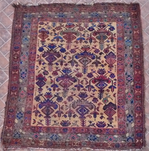 Afshar rug, Sirjan region, SE Persian.  3.8ft x 3.4ft (117 x 115 cm) late 19th. century. Quaint, camel ground vase Afshar, with some relief effect as the camel wool seems to  ...