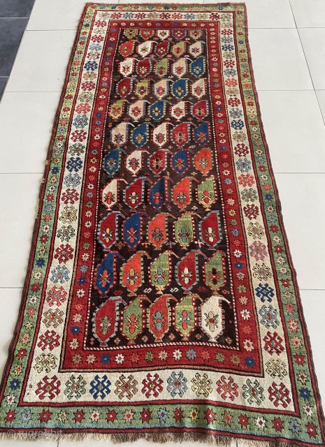 Antique Karabagh Rug from Caucasus
Late 19th Century with low/medium pile but great condition. Lovely boteh motif pattern. 112x260 cm. Needs a wash.           