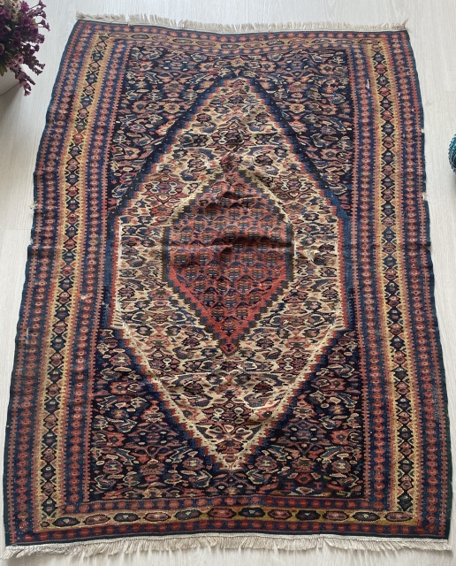 19th Century Senneh kilim. There are worn areas but in great condition given its age. Very well woven. 102 x 140 cm.           