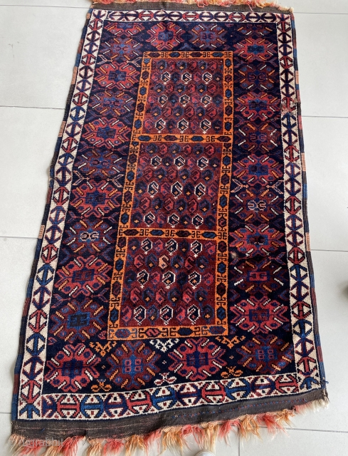 Old Kurdish nomadic rug woven by Herki Tribe members. Boteh motif pattern. A few worn areas. 100 x 185 cm. Available at rohat_berk_kartal@hotmail.com          