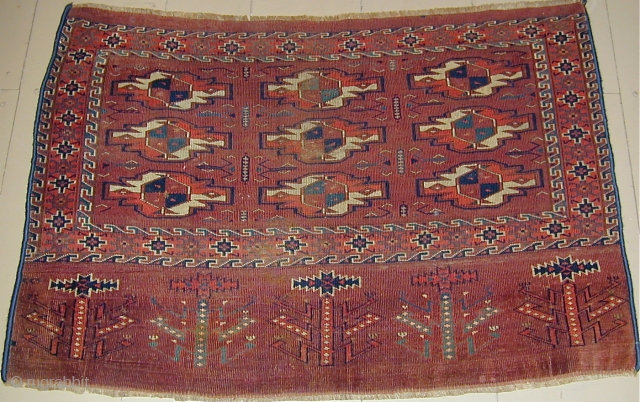 Early Yomud Chuval with bold Elem depicting feathered bird's heads,44'' X 30''(112 X 76cm), 19th. century.                 