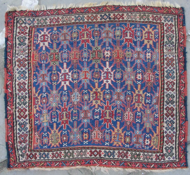  Finely woven Khamseh Soumak bag-face with many incredible colors including a clear green.
Early 19th. century, 22" X 20".              