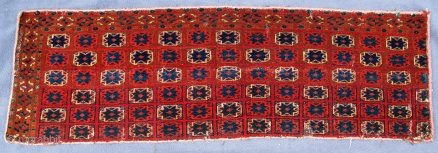 Rare finely woven Saryk Jollar fragment of the 18th. century, pashmina wool, good pile,
crimson and blue silk highlights, symmetric knotting,
40" X 13"[101 X 33cm]NOTE there is a slight shadow reflected in the  ...