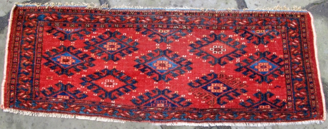 Very finely woven Ersari Torba with extraordinary natural dyes including many different hues of blue, silky pashmina wool,cloth-like handle,
early 19th. century,37" X 14"(94 X 36cm)        