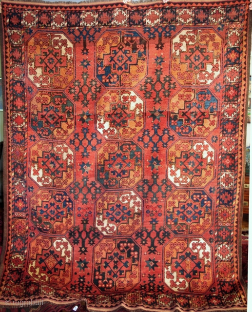 A dynamic Ersari (Uzbek?) main carpet. 100" x 77". Very good condition, with thick pile throughout most of the carpet. A strip of repair at both ends. SOLD (thanks).    