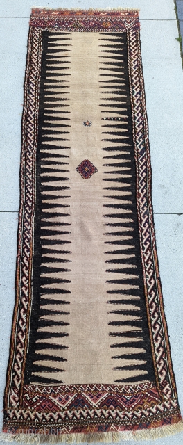 A Dynamic Antique Camel wool Kurdish long sofrah,  simplicity of design with beautiful use of natural Camel wool or color? excellent condition size 1910 or earlier
Size 8'6" × 2'6" (Available)  