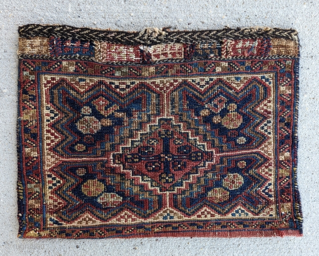 An Antique Afshar Soumak kilim Chanteh(personal bag) highly unusual and Rare with original back.size 1'4" × 1'8"                