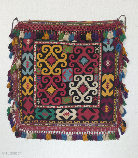 An exceptional Antique needle point embroidery textile made by the Lakai tribe of Uzbekistan circa late 19th century. Using all silk materials and silk tessels, textiles like this were woven by young  ...