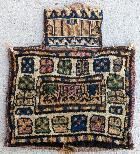 A Beautiful Antique Kurd Salt bag, part carpet/kilim mix, circa 1920 or before, excellent condition with original back, size 1'4" by 1'6"           