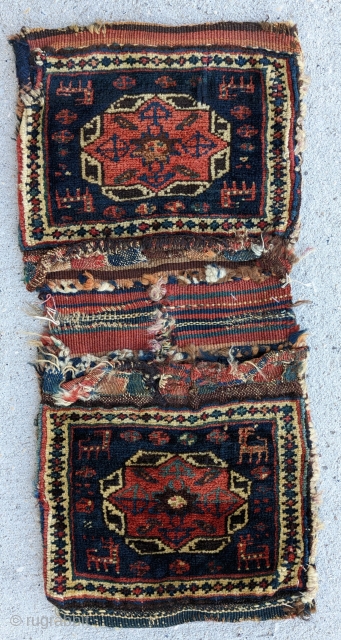 A Dynamic Antique Shahsavan khorjin, circa 1900 or before, wonderful range of natural dyes with an original back, size 1" by 1'9"           