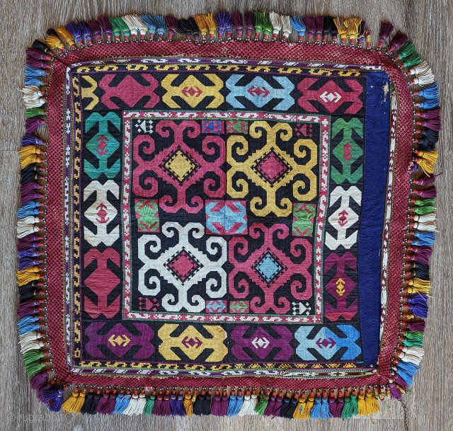 A Dynamic Antique Uzbek Silk Lakai, a very finely woven textile of great colors and design, specially made for a women's dowry, circa 1900, in excellent condition. Size 2" by 2"  