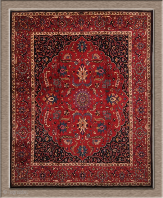 Antique Persian Mashad rug signed by "Saber" measuring 14'7" X 12'9" feet in excellent condition.                  