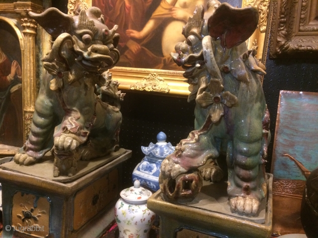 Very Rare hard to find PAIR Chinese Large size Old Junyao Porcelain Foo Dogs.
Size 27'' tall and 20'' wide.              