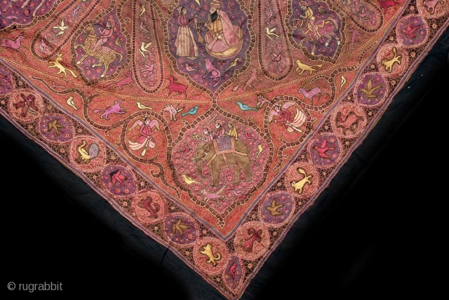 Silk embroidered textile on silk ground

DESCRIPTION FROM THE CENTER OUTWARDS:
This square format embroidered textile measures 5’ 3’’ inches X 5’ 3’’ inches
A small disk format in the center contains 14 (fourteen) animal  ...