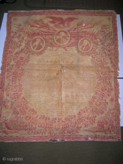 Cotton Printed Handkerchief

Simple weave cotton imprinted with red dye.
Condition: tiny holes in the center frayed edges otherwise stable.

Size: 28 ½” X 32 ½”

1) On the top is depicted are eagle holding an  ...