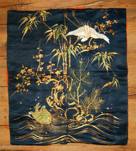 Silk embroidered fukusa (gift covering cloth), good-for-any-occasion motifs of The Three Friends ~ Pine, Bamboo & Pine, longevity symbols the crane and sea turtle and Horaizan, the Island of the Eight Immortals/The  ...