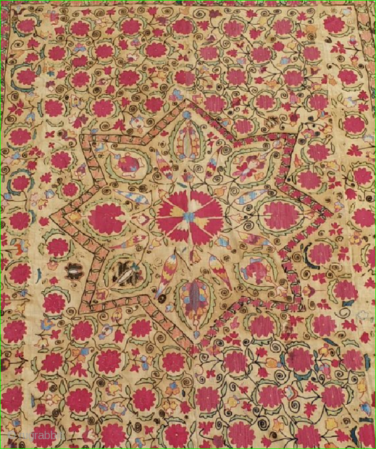 19 C. Bukhara Star Medallion Suzan

Center of 8-point star medallion with floral pattern. Floral and vine pattern surrounding medallion between border and medallion. Floral border of 10 ½” framing piece. Silk hand  ...