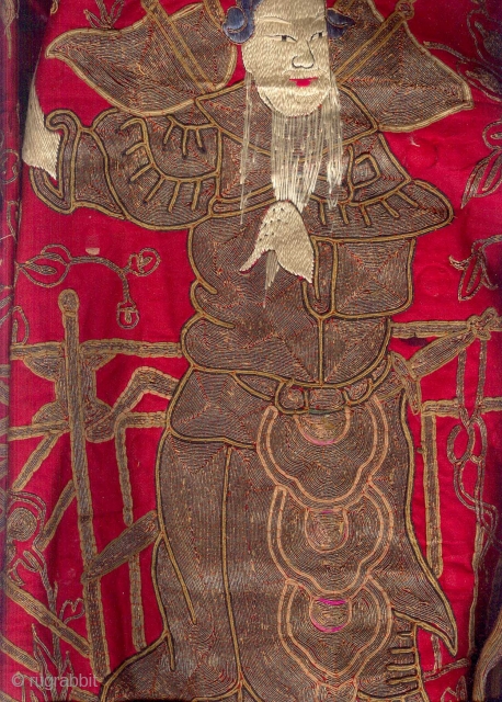 CHINESE EMBROIDERED BANNER (HANGING) FEATURING 21 FIGURES

Faces, hands and feet (shoes) are embroidered in silk floss in the satin stitch technique. Robes and other clothing are made up of solid metallic thread  ...