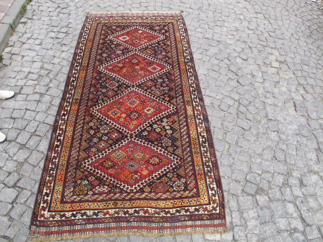 Antique Qashqai wonderful colors and restored condition circa 1890 and size: 2,65 X 1,30 cm                  