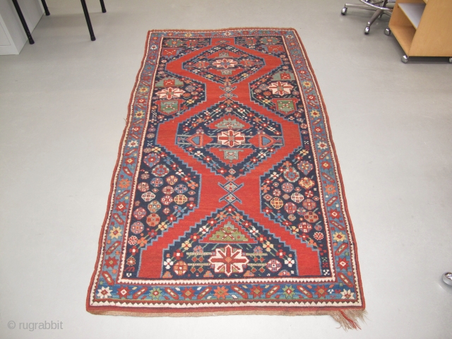 Caucasian-Karabagh Rug, Circa 1900, Nice colors, Good pile, Not restored, A few little holes, Size: 240 x 130 cm. 94 x 51 inch.          