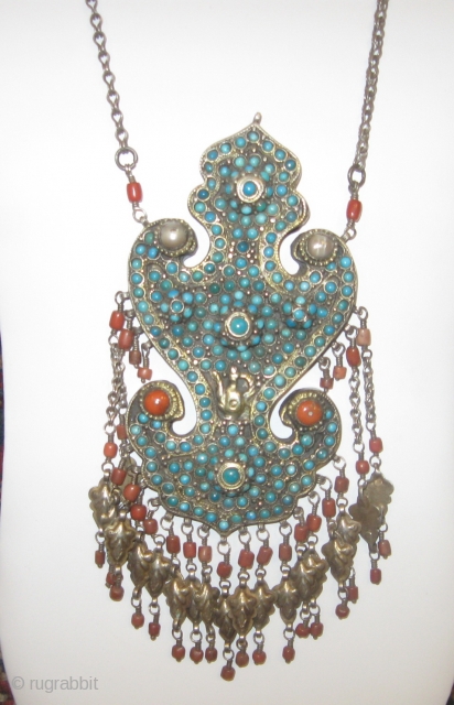 19th Century  Bukhara Silver,Turquoise and Coral Necklace.                         